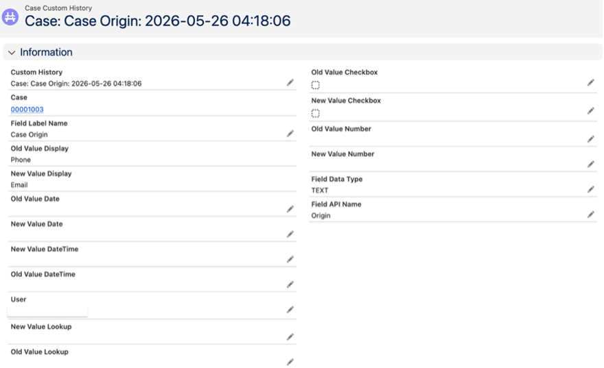 Custom history record showing old and new values