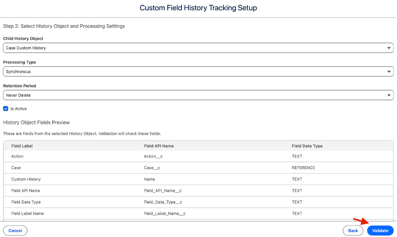 Validate button in the Histora field selection grid