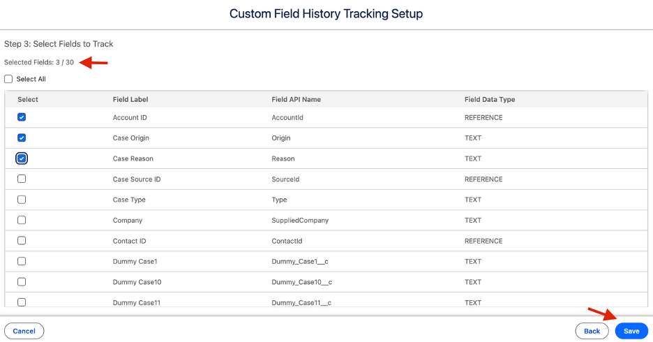 Histora field selection grid with tracked fields and Save button