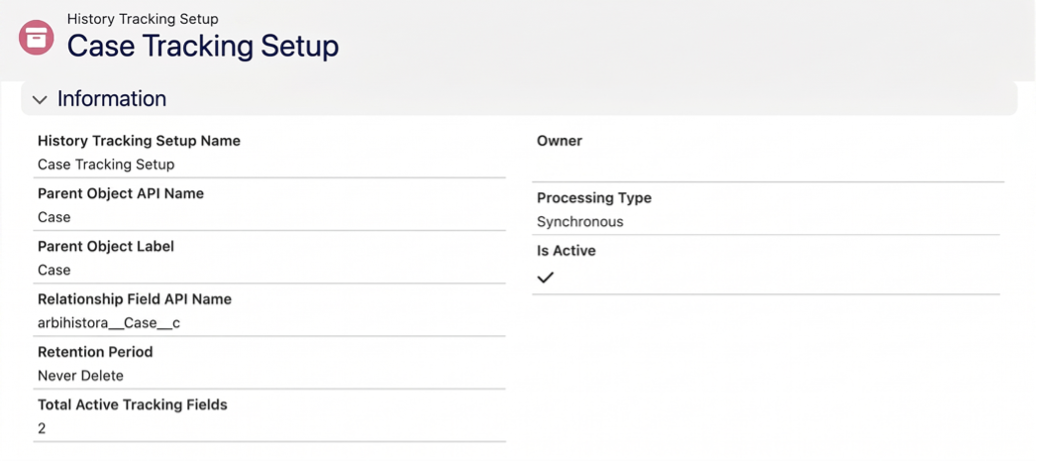 Histora tracking setup record details