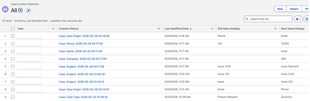 Case Custom Histories audit log list