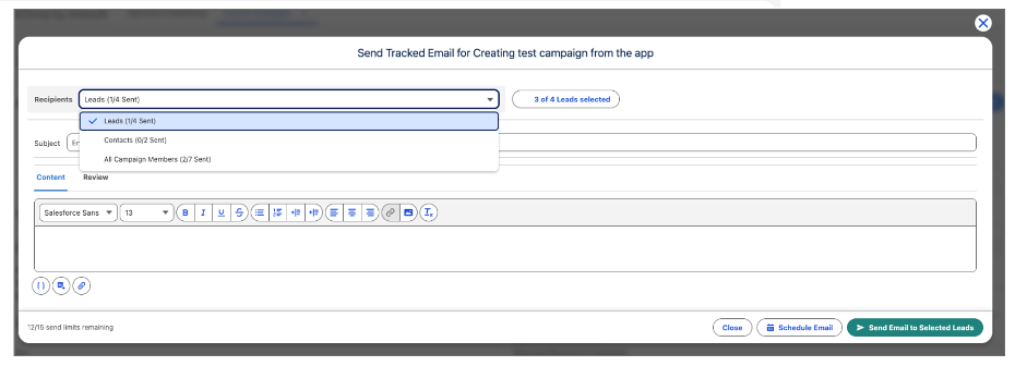 Send Tracked Email recipient selector
