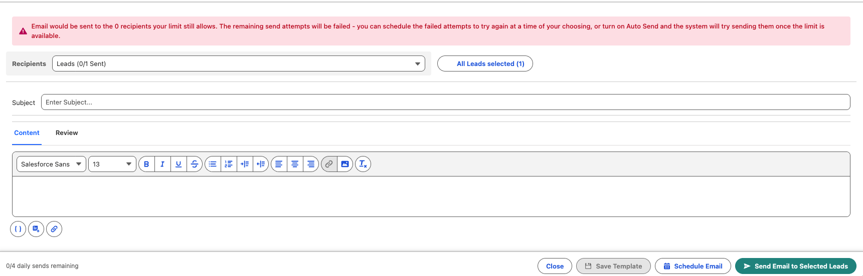 Send email modal showing the daily limit reached