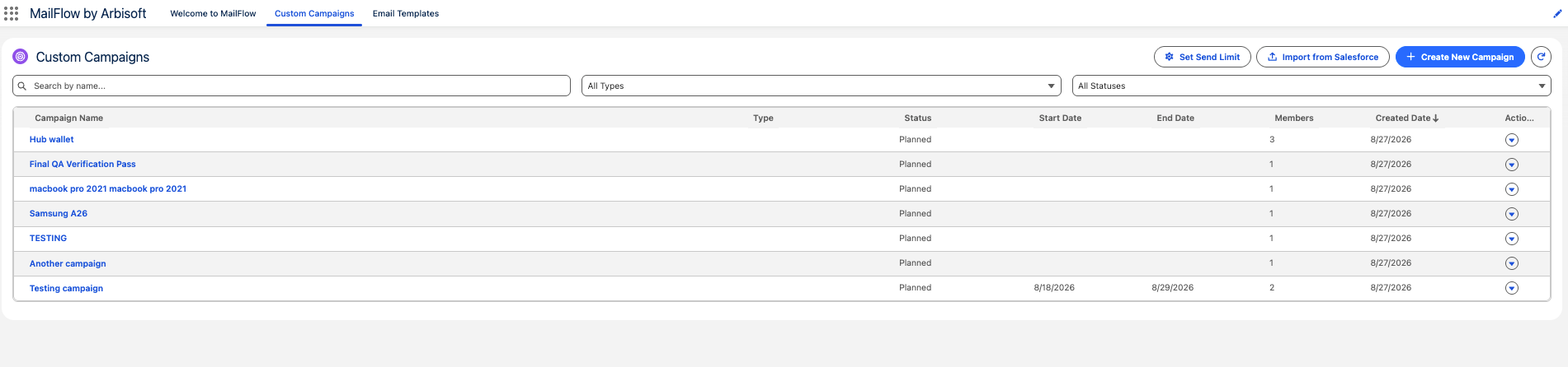 Custom Campaigns tab list view