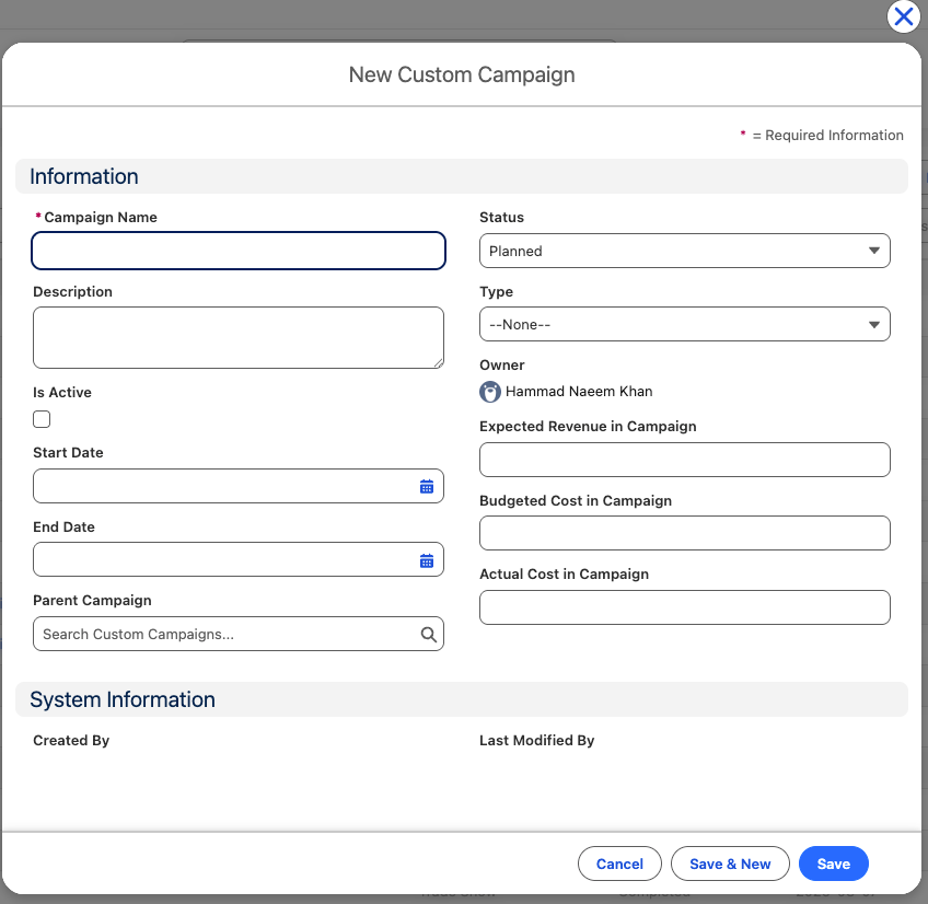 Create New Campaign form