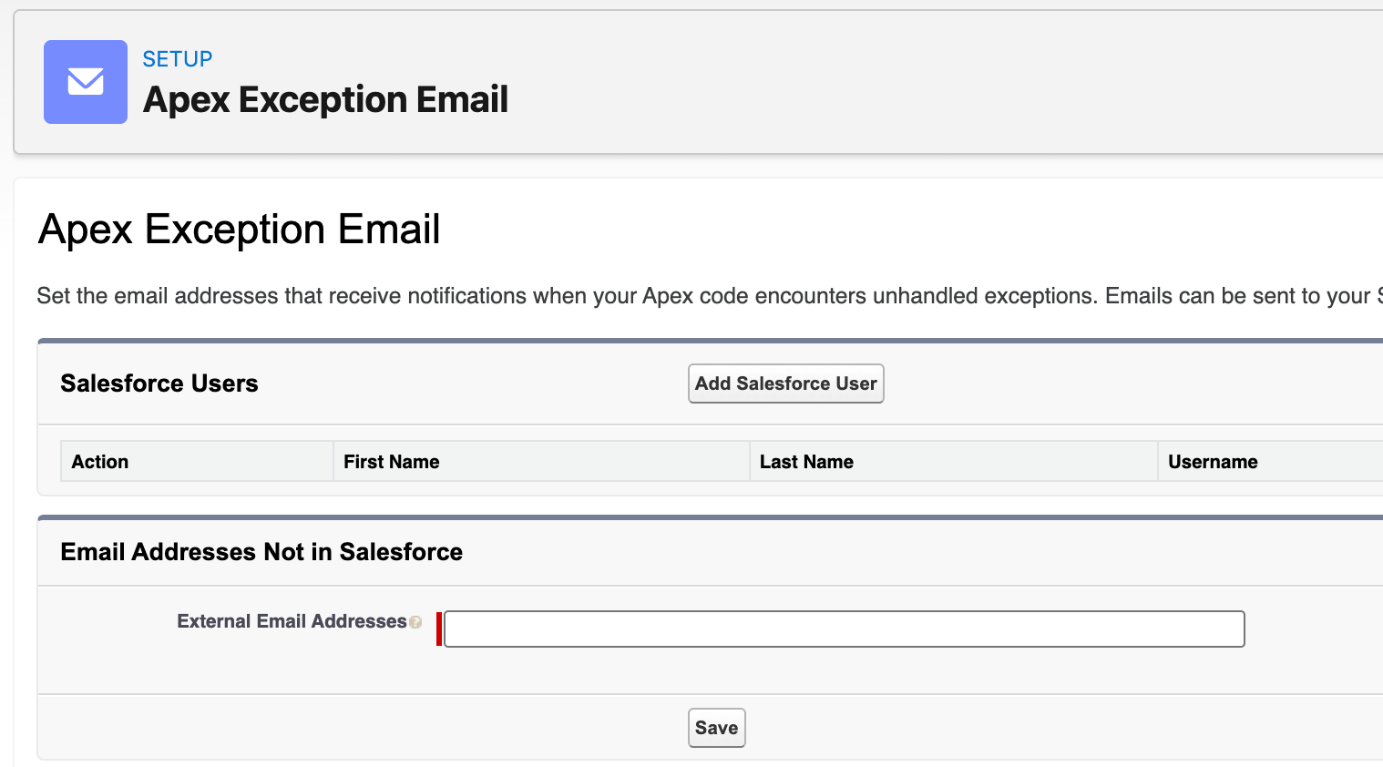 Apex Exception Email settings in Salesforce Setup