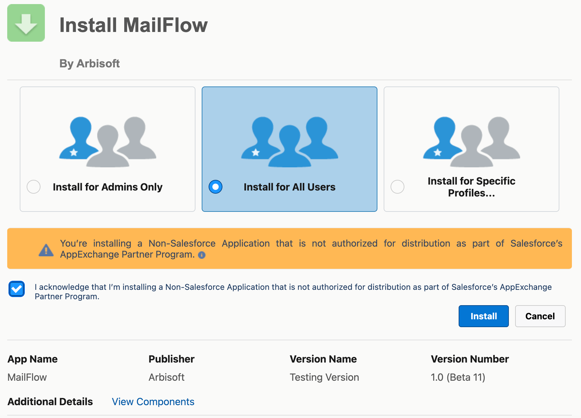 MailFlow package installation progress screen