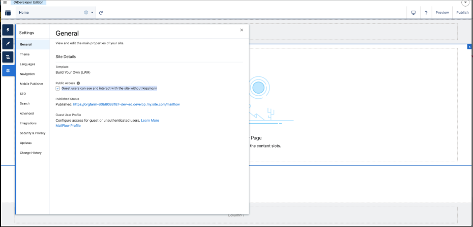 MailFlow Digital Experience Site creation screen