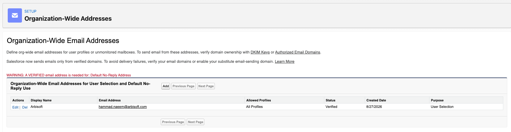 Organization-Wide Address verified status in Salesforce Setup