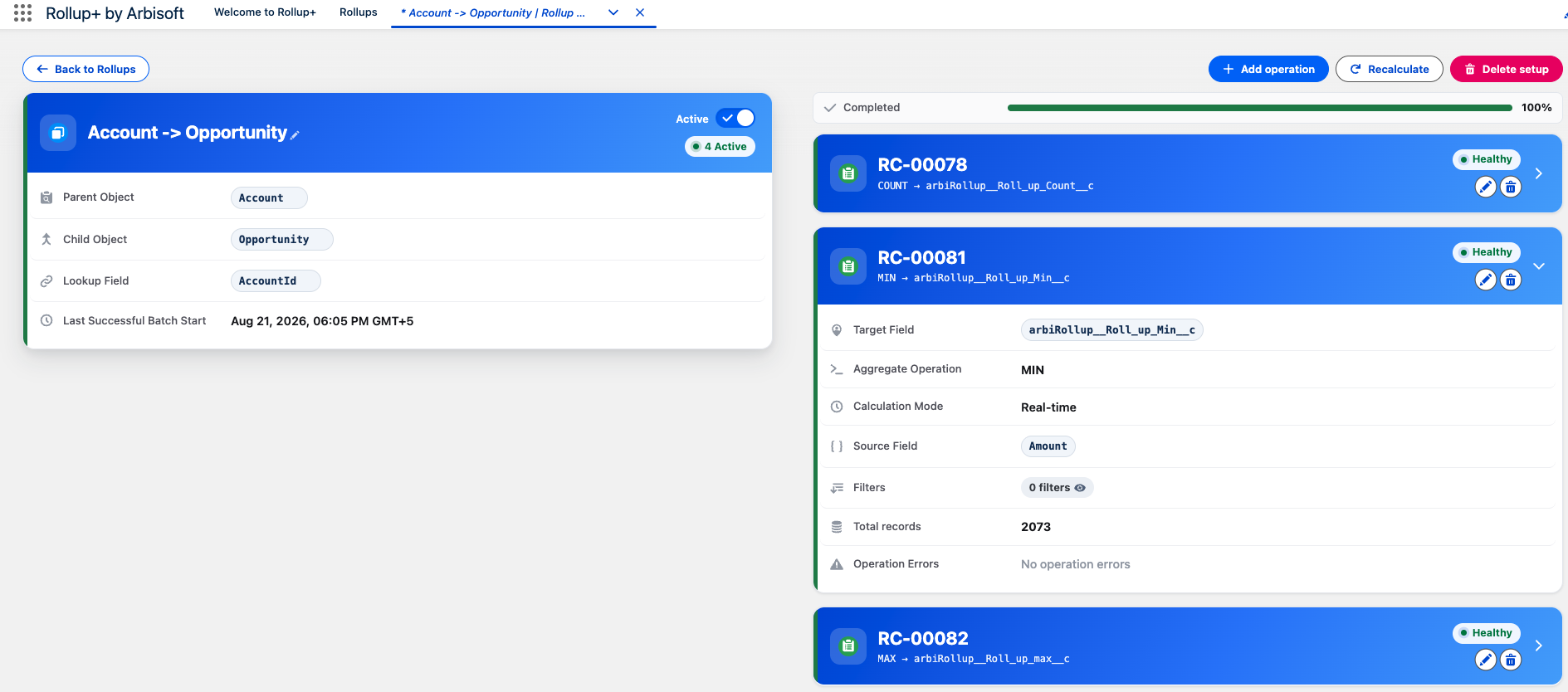 Rollup Object detail screen with relationship settings on the left and the operations list on the right