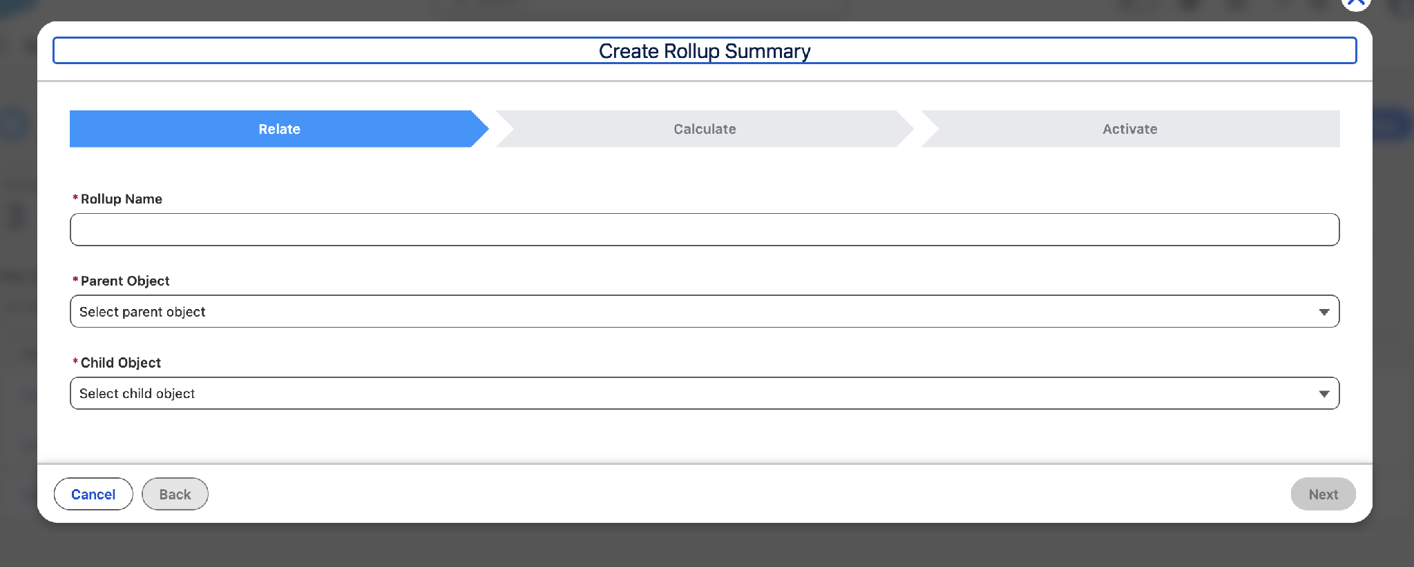 Relate step of the Create Rollup Summary wizard prior to Parent/Child selection
