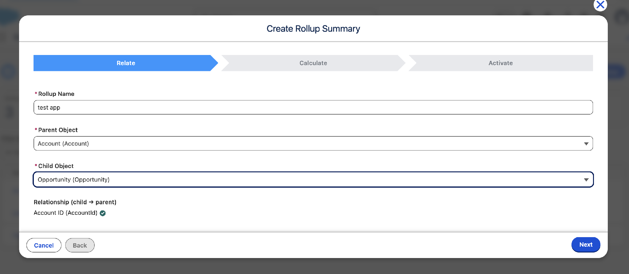 Relate step with Parent Object Account, Child Object Opportunity, and the auto-resolved AccountId relationship confirmed