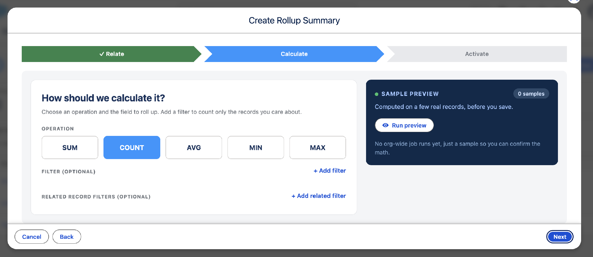 Calculate step with COUNT selected and the Sample Preview panel