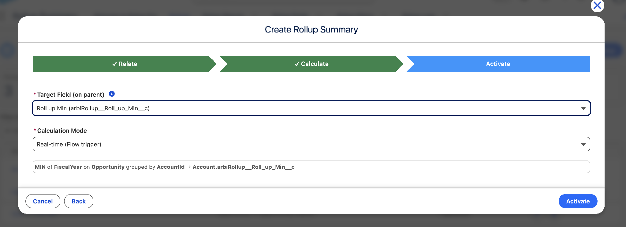 Activate step showing Target Field, Calculation Mode, and the generated logic summary