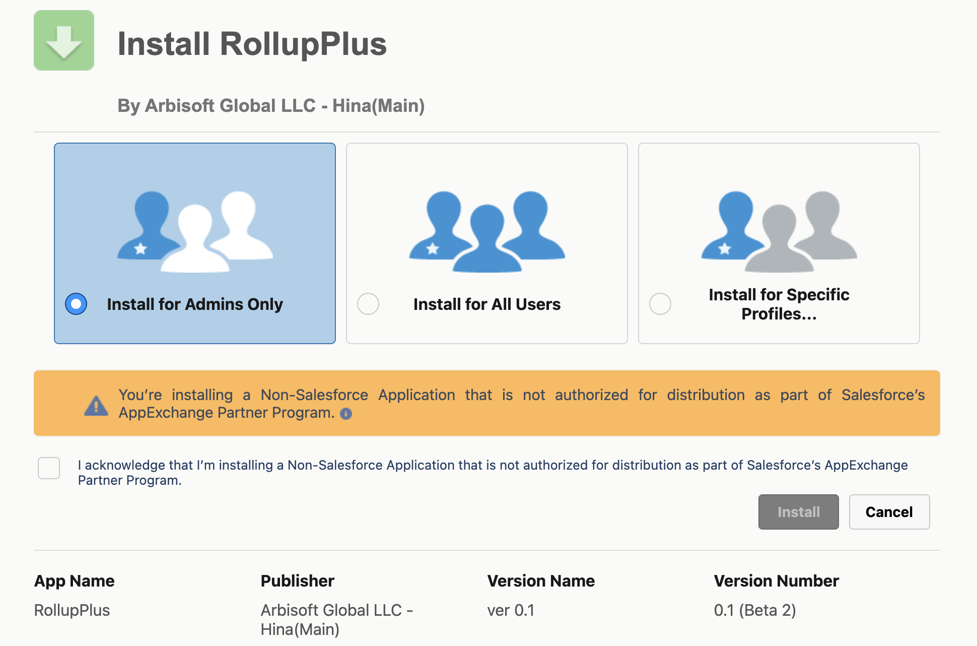 RollupPlus package installer showing the Install for Admins Only, All Users, and Specific Profiles security options