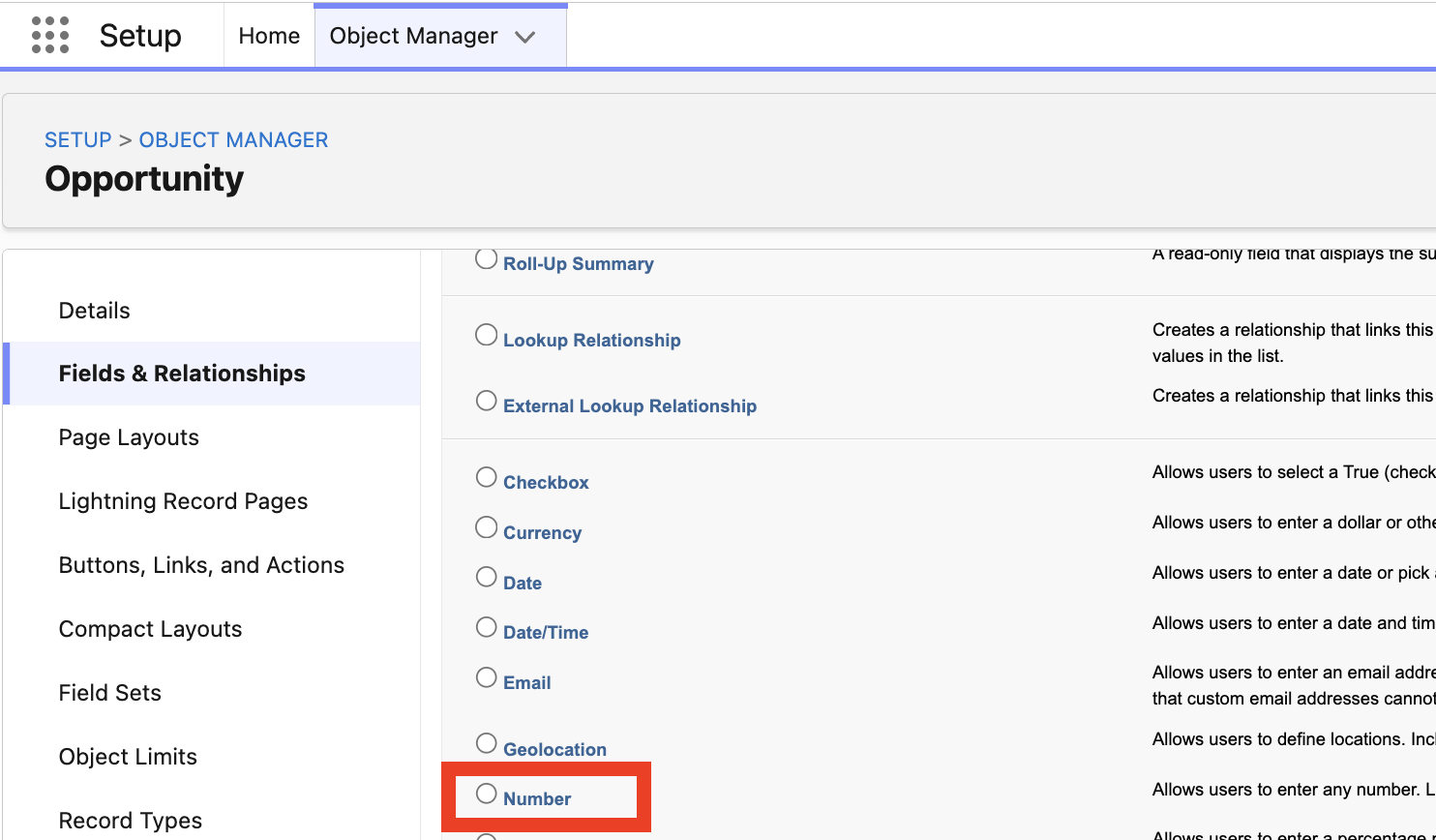 New custom field type picker on the Opportunity object with the Number field type highlighted