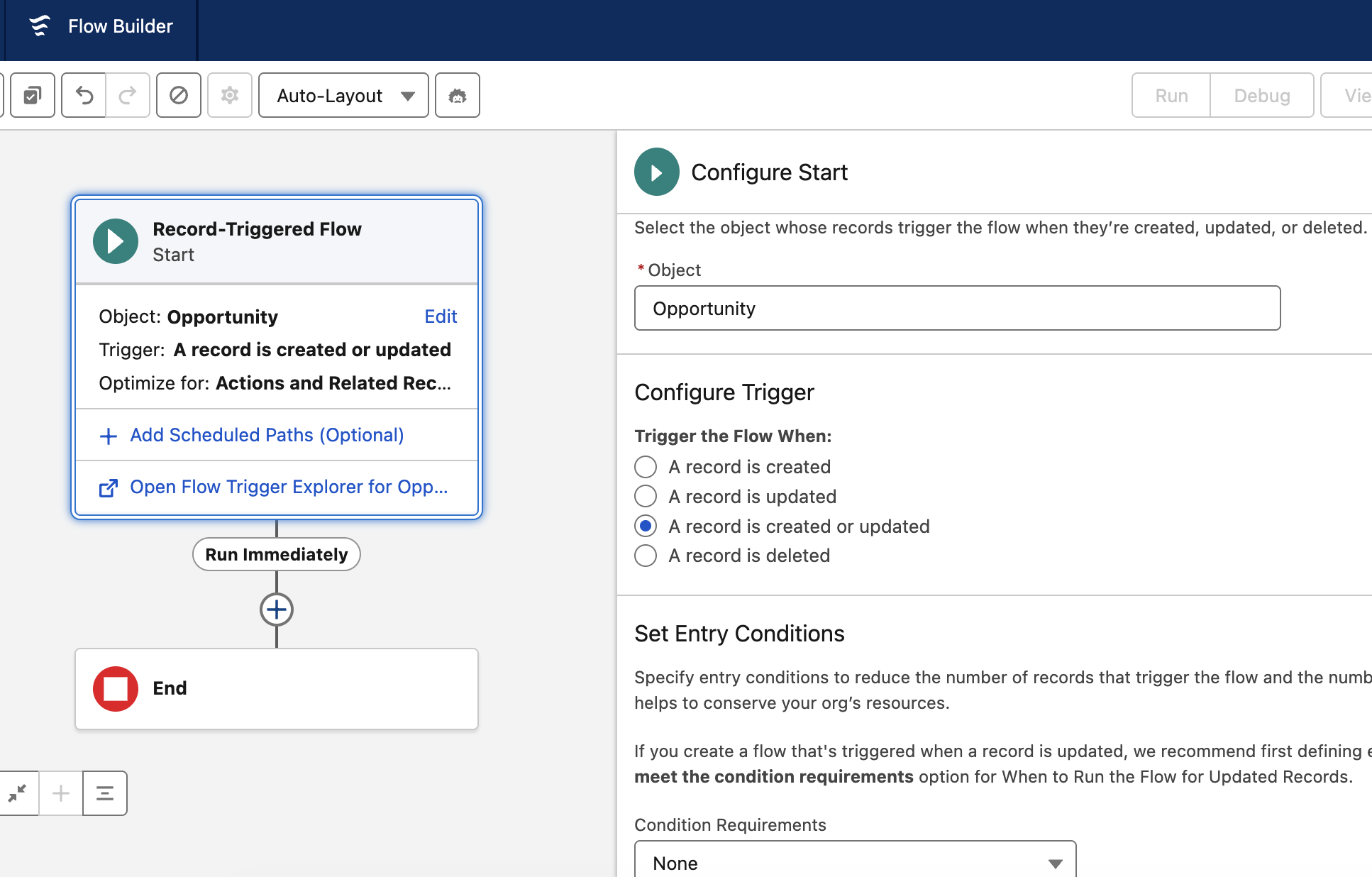 Flow Builder Configure Start panel showing the triggering object, trigger conditions, and entry condition requirements