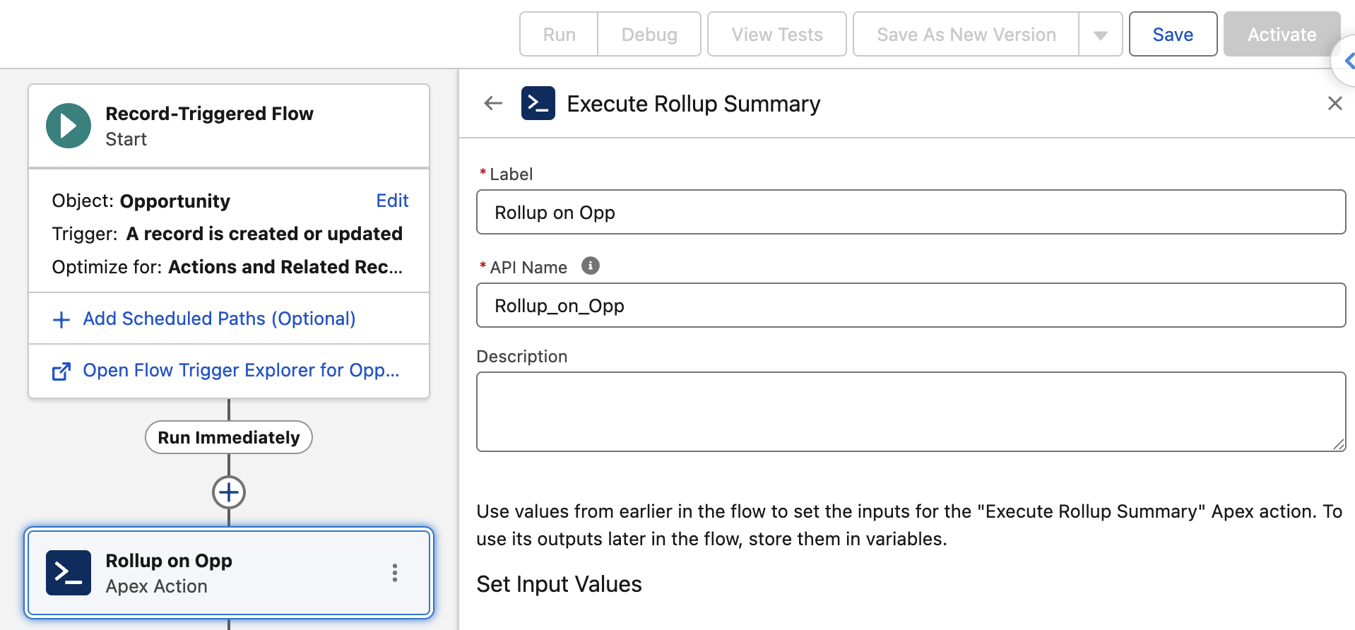 Execute Rollup Summary Apex action configuration panel in Flow Builder