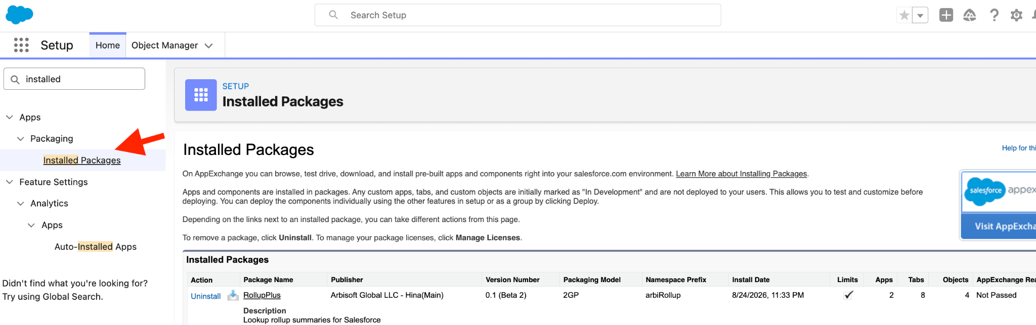 Setup Installed Packages list showing the Uninstall link for RollupPlus