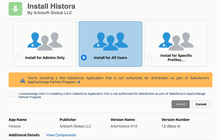 Salesforce Histora package security model selection screen