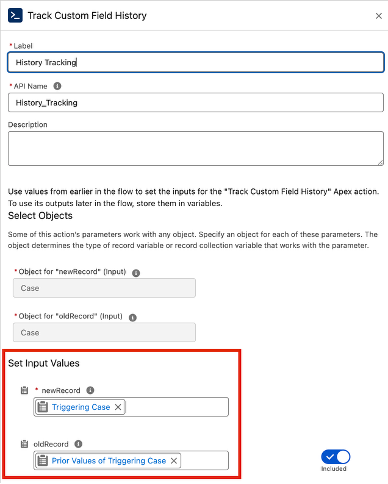 History Tracking Apex action configuration in Salesforce Flow Builder