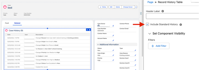 Record History Table component configuration in Lightning App Builder