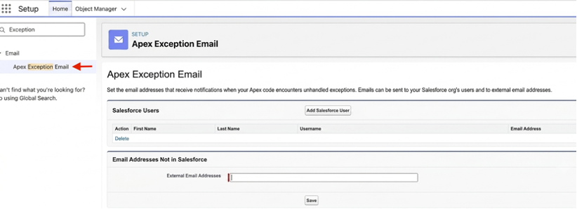 Salesforce Apex Exception Email settings