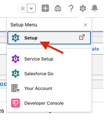 Salesforce Setup menu opened from the gear icon