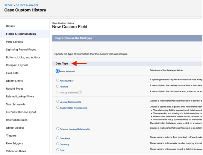 Salesforce custom field data type selection screen